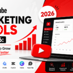 Modern YouTube marketing tools featured image showing YouTube analytics dashboard, SEO growth chart, AI content tools, keyword research, and top YouTube marketing platforms for channel growth and video optimization in 2026.