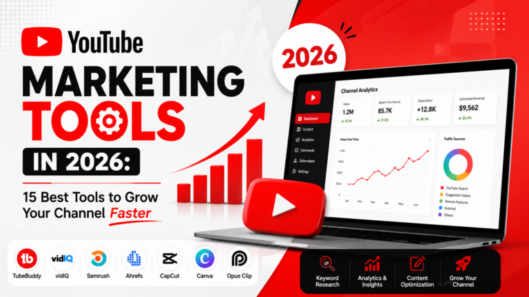 Modern YouTube marketing tools featured image showing YouTube analytics dashboard, SEO growth chart, AI content tools, keyword research, and top YouTube marketing platforms for channel growth and video optimization in 2026.