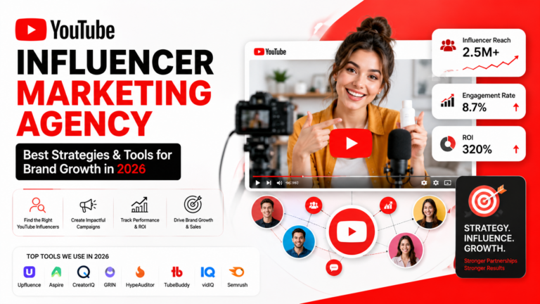 Modern YouTube influencer marketing agency featured image showing influencer campaign analytics, YouTube creator collaboration, audience engagement metrics, ROI growth charts, and top influencer marketing tools for brand growth and YouTube marketing in 2026.