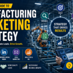 Professional manufacturing marketing strategy featured image showing two industrial professionals using a tablet inside a modern factory, representing B2B manufacturing marketing, SEO strategy, lead generation, digital marketing, brand growth, and industrial business development.