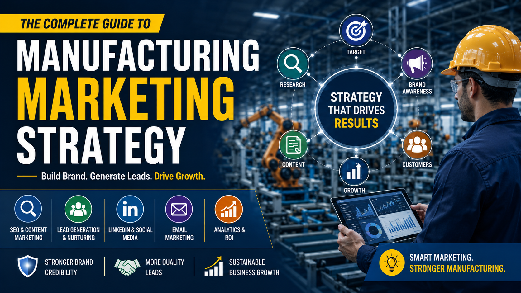 Professional manufacturing marketing strategy featured image showing two industrial professionals using a tablet inside a modern factory, representing B2B manufacturing marketing, SEO strategy, lead generation, digital marketing, brand growth, and industrial business development.