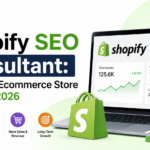 Modern Shopify SEO consultant featured image showing Shopify analytics dashboard, SEO growth chart, ecommerce optimization elements, and digital marketing visuals representing Shopify SEO services, organic traffic growth, higher Google rankings, and ecommerce store success in 2026.