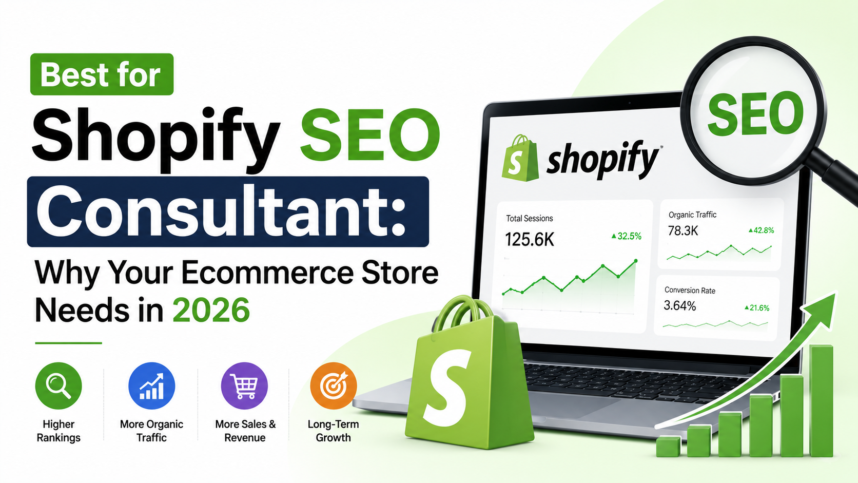 Modern Shopify SEO consultant featured image showing Shopify analytics dashboard, SEO growth chart, ecommerce optimization elements, and digital marketing visuals representing Shopify SEO services, organic traffic growth, higher Google rankings, and ecommerce store success in 2026.